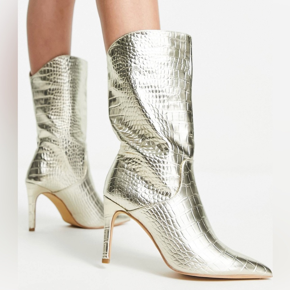 Public Desire Lise curved ankle boot in gold metallic croc